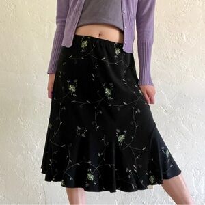 Vintage JKLA California Black Floral Embroidered Midi Ruffle Fit & Flare Skirt